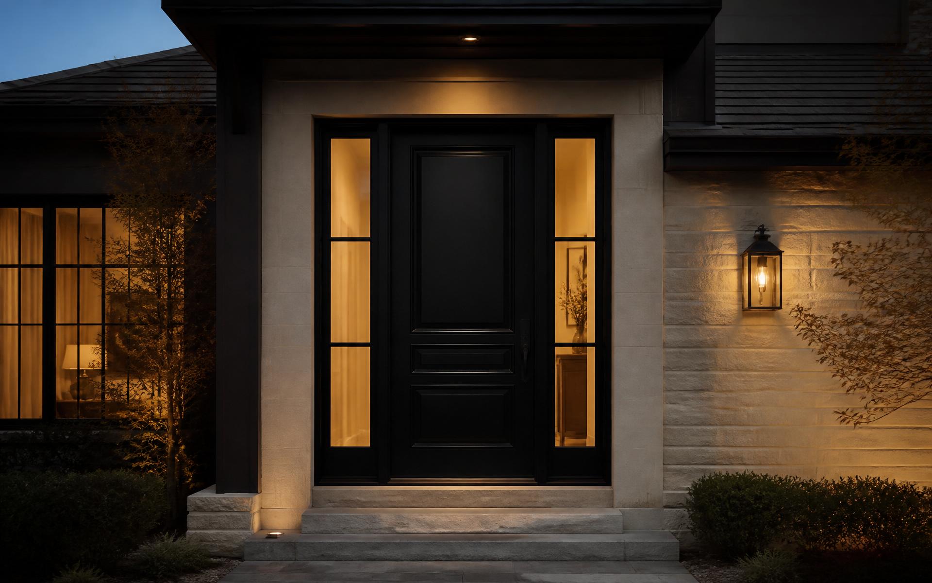 A quiet residential front entrance at dusk